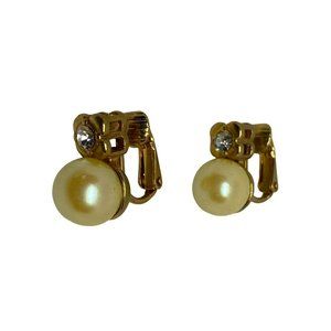 Vintage Signed Avon Faux Pearl and Rhinestone Gold tone Clip on Earrings